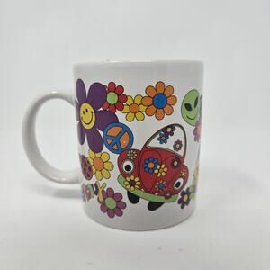 Retro 70s flower power ceramic coffee mug Betallic Peace Love Groovy